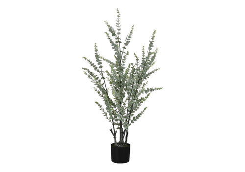 Tall artificial eucalyptus plant with slender stems and small green leaves in a simple black pot against white.