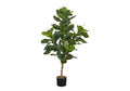 A tall artificial fiddle leaf fig tree with large green leaves in a simple black pot against a white background.