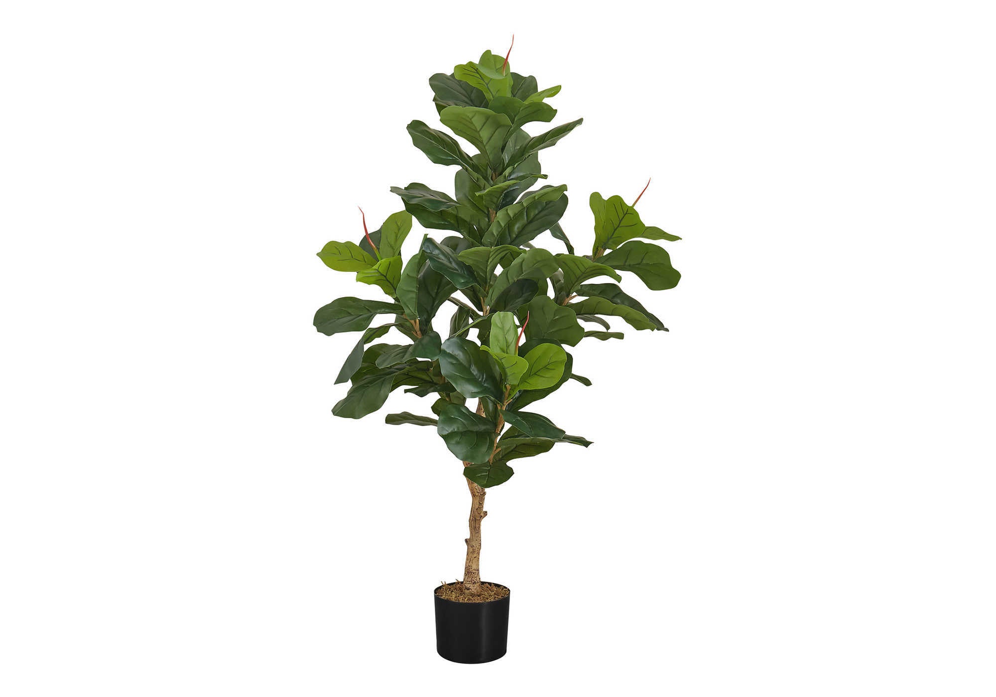 A tall artificial fiddle leaf fig tree with large green leaves in a simple black pot against a white background.