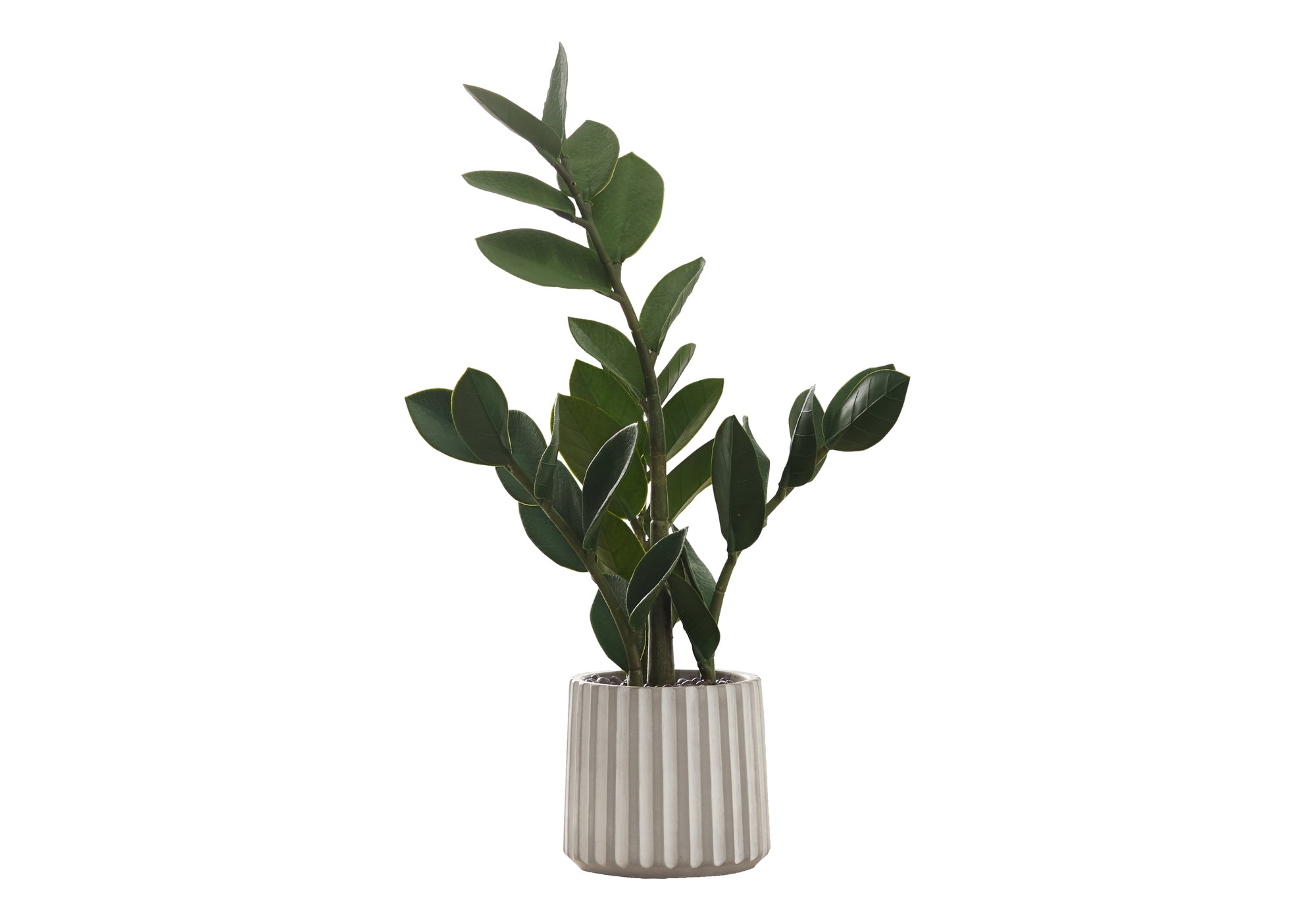 An artificial small ZZ plant with glossy green leaves in a ribbed grey pot against a white background.