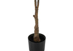 Close-up of the textured brown trunk of an artificial rubber tree planted in a simple black cylindrical pot.