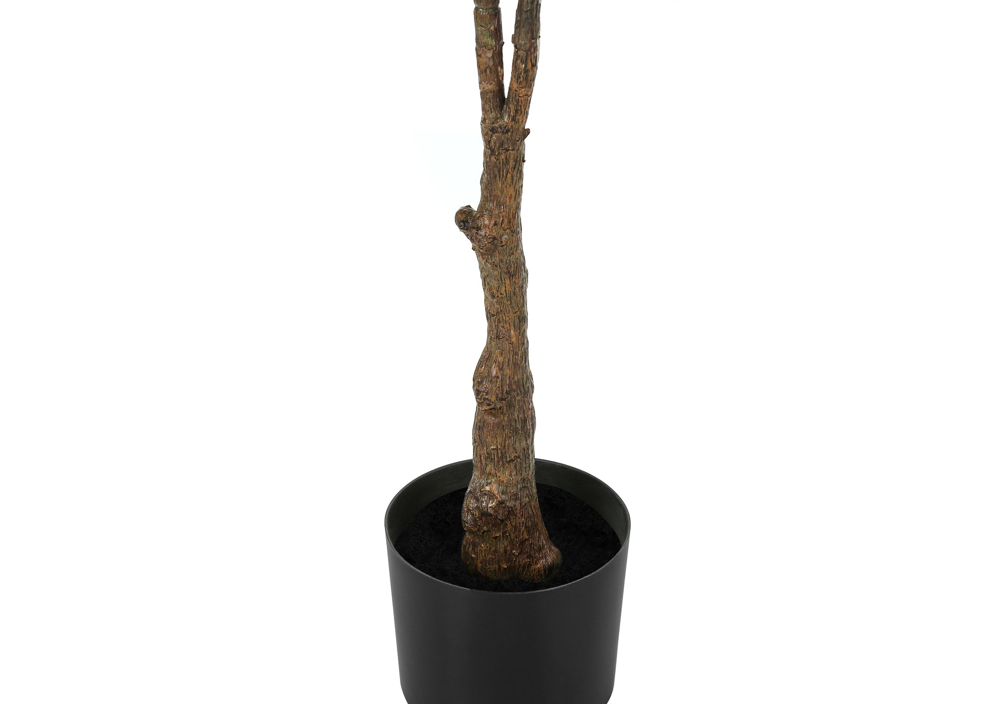 Close-up of the textured brown trunk of an artificial rubber tree planted in a simple black cylindrical pot.