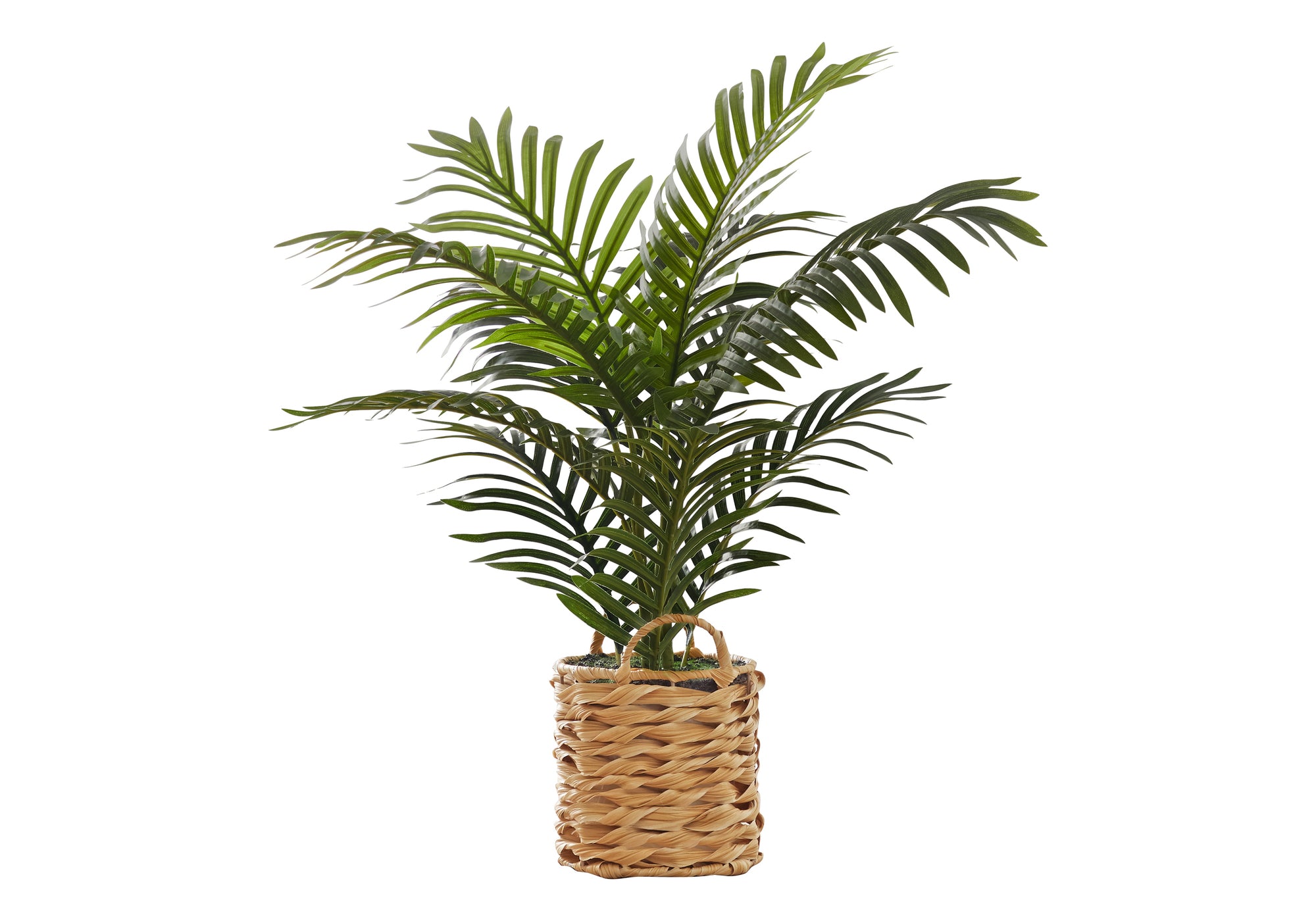 Artificial Medium Boho Parlor Palm plant in a woven basket pot against a white background.