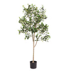 A five-foot tall artificial olive tree with green leaves and small dark olives in a simple black pot.
