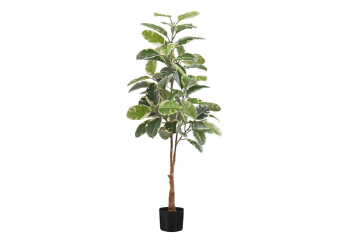 A tall artificial variegated rubber tree with creamy-edged green leaves in a simple black pot against a white background.