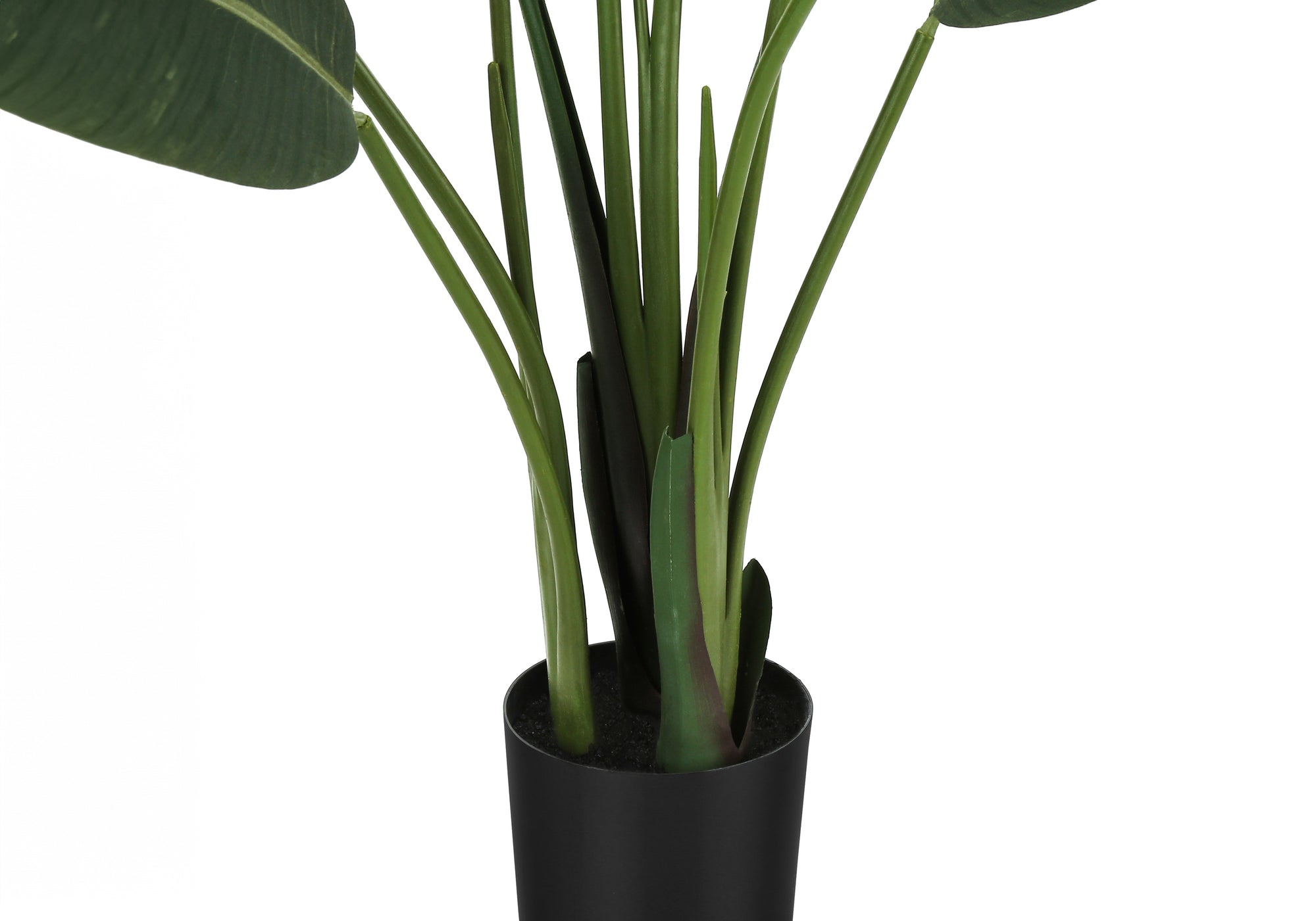 Close-up of the black nursery pot and green stems on a faux Bird of Paradise plant