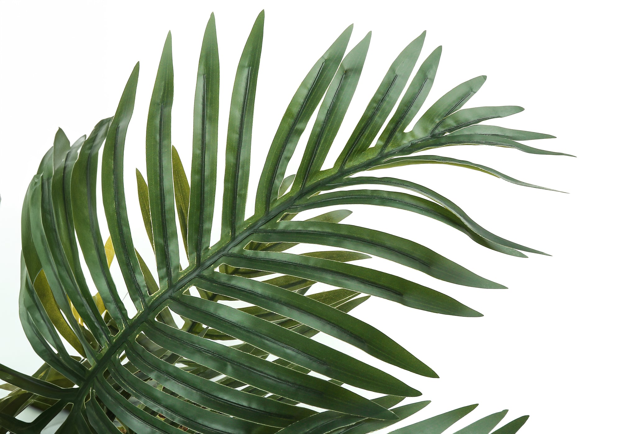Close-up of a long, green artificial palm leaf with slender, pointed leaflets against a white background.