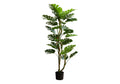 Tall artificial Monstera tree with dual trunks and large, split green leaves in a simple black pot.