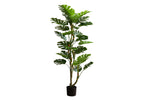 Tall artificial Monstera tree with dual trunks and large, split green leaves in a simple black pot.
