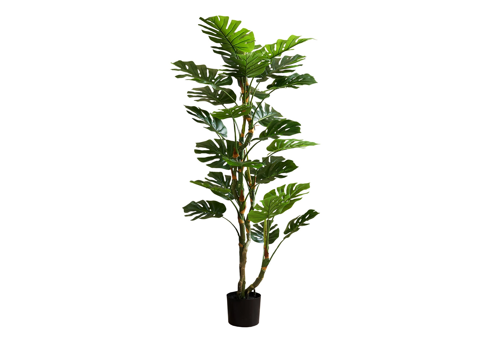 Tall artificial Monstera tree with dual trunks and large, split green leaves in a simple black pot.